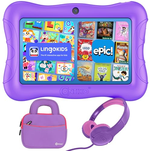 Contixo Paquete de tableta de aprendizaje Disney Kids de 7 pulgadas, WiFi, Bluetooth, auriculares con cable para niños, lápiz capacitivo y bolsa para tablet con aplicaciones aprobadas por profesores y