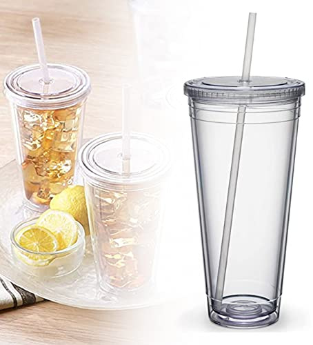 Återanvändbar plastkopp, dubbelväggig, transparent, sugrör, återanvändbar, lämplig för fruktjuicer(650 ml)