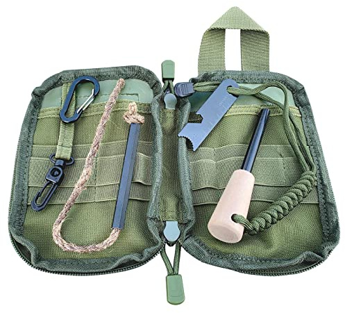 Fire Starter Survival Kit, Larger Ferro Rod with Striker Lanyard 3in Long Flint and Steel, 13.8in Wick Hemp Cord, Multifunctional Bag (Green)