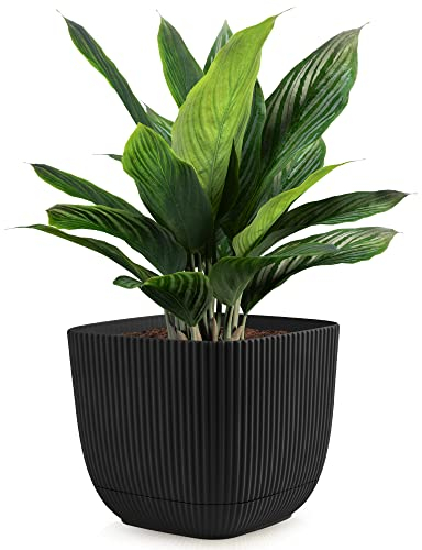 Konzept 11 - Blumentopf klein 4 l mit Unterzetzer, quadratischer Übertopf 19 x 19 cm, Pflanzentopf für Zimmerpflanzen aus Kunststoff, Grau