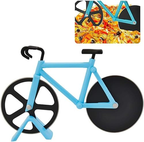 LATRAT Pizzaschneider Fahrrad, Pizzaroller Fahrrad, Doppel Pizza Schneider, Antihaftbeschichteter Edelstahl Pizzaroller mit Ständer Himmelblau