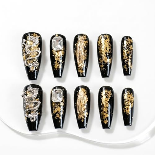 Sun&Beam Nails Handgefertigte Press-On Medium Ballerina Schwarz (#052 XS) | Schwarz und Gold mit Drachenmotiv, Folienakzenten und Glanz-Finish im 10-teiligen Set