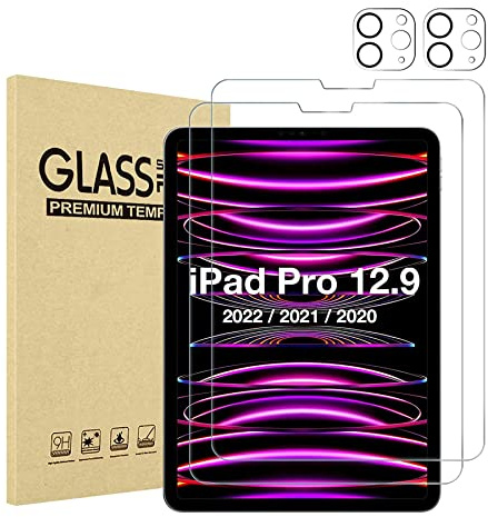 XZC [2+2 pièces Protection D'écran pour iPad Pro 12,9 Pouces, 2022/2021/2020 (6e/5e/4e Génération) avec Protection d'Objectif de Caméra Arrière, Film Verre Trempé HD, Support Pencil & Face ID