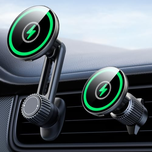 Holdersafe 15W Chargeur Voiture pour Magsafe, Support Téléphone Magnétique Voiture Inductio, 360° Réglable Chargeur Telephone Automobile Magnétique sans Fil pour iPhone 17 16 15 14 13 12 Pro/Max/Air