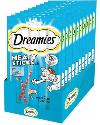 Dreamies Meaty Sticks Katzensnack mit Lachs Belohnung für verspielte Samtpfoten 14 x 30g (14 x 6 Stück)