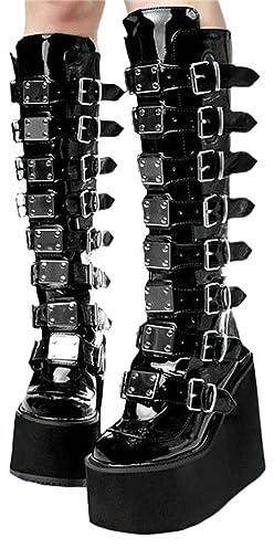 tinetill Bottes Femme Gothique Punk Plateforme Bottes Compensées Bottes Hautes Goth Bottes à Plateforme Bottes D'hiver Block Heel Knight Bottes avec Fermeture à Glissière Bottes à Talons épais