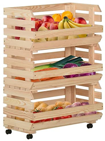 Homgoday Gemüsewagen Gemüsestand Stapelkiste Kartoffelhorde Lagerkiste für Obst und Gemüse Holzkiste Regal Aufbewahrung mit Rollen, Stapelbar 57x30x80 cm Massivholz Kiefer