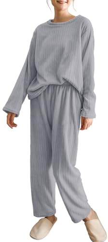 Hveuluop Gieen Pigiama da Donna a Coste – Maglia a Maniche Lunghe con Scollo Rotondo e Pantaloni in Pile Corallo, vestibilità Comoda, in Velluto Corallo, Taglia Unica