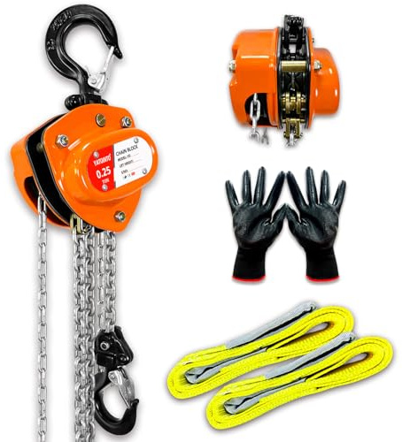 YATOINTO Chain Hoist 1/4 Ton Capacity w/ 2 Lift Sling Straps and Gloves - Mini Hand Chain Hoist, 10FT Manual Chain Block, 10.2 Headroom, Industrial Grade for Garages, Automotive, Machinery