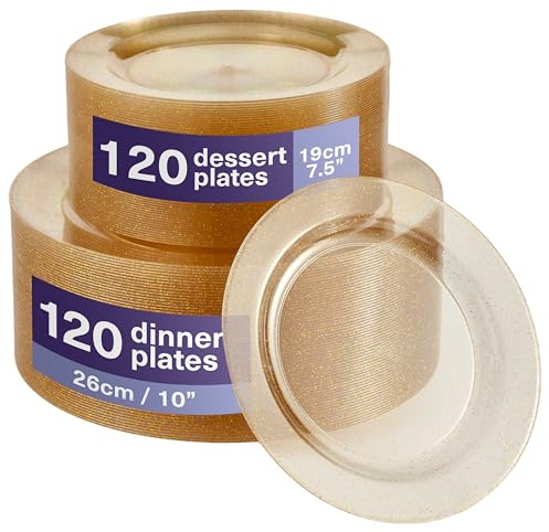 MATANA 240 Premium Plastikteller mit Goldglitter, 2 Größen - Mehrweg Kunststoffteller, Hartplastik Partyteller Gold für Hochzeiten, Geburtstage, Partys - Elegantes & Stabiles Partygeschirr