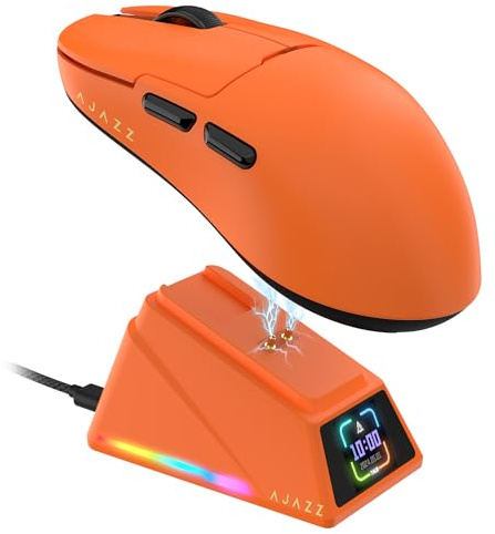 AJAZZ AJ159 APEX 8K Kabellose Gaming-Maus, Magnetische Ladestation mit Screen, Pixart PAW3950 Sensor,Bis zu 42000 DPI, 56g Ultraleicht, 100M Klicks HUANO-Schalter,Tri-Mode Mäuse, für PC/MAC (Orange)