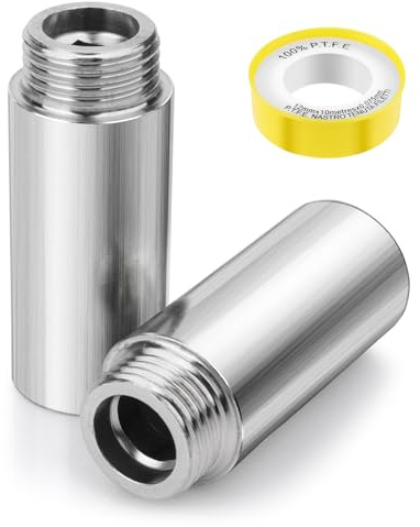 cobee Shower Head Extension Arm, 2Pcs Stainless Steel 50mm Length 1/2 G1 Male to 1/2 G1 Female Thread Reducer Coupling Straight Adapter Connector with Plumbers Duct Tape for Fixed Shower Head Piping