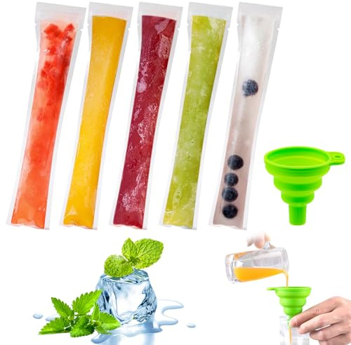 Bolsas para Helados, 120 Pack Moldes para Helados, Bolsa de Hielo, Snack casero Sano, congelador Pop, Bolsas de Molde para Paletas de Hielo,con para Yogur,Helado,Jugo (con Embudo Verde)