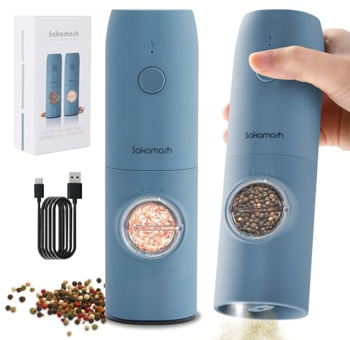 SAKAMOSH Lot de 2 moulins à poivre et sel électriques, rechargeables, grosseur réglable avec lumière LED, salière et poivrière électriques rechargeables (bleu)