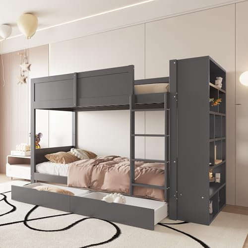 Kinderbett Etagenbett 90x200 mit Stauraum, Hochbett Hausbett Stauraumbett mit Schränken&2 Schubladen, Bett mit Leiter&Sicherheitszaun&Lattenrost, Holzbett Jugendbett Bettgestell, Ohne Matratze, Grau