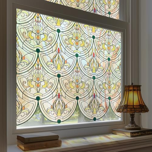 Fensterfolie selbstklebend 3D Buntglas-Fensterfolie Fenster-Sichtschutzfolie Bunt Blickdichte für Badezimmer, Haustür, Haus, Sonnenschutz, Wärmeschutz, statisches Kleben, Eisenfenster 44X120CM