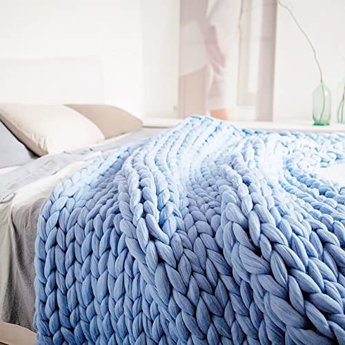 Handgestrickte grobe Wolldecke, Überwurf, 100 % weich und gemütlich, große Strickdecke für Couch, Bett, Heimdekoration, atmungsaktiver Fleece-Überwurf in Blau, 80 x 100 cm