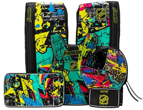 Franklin Sports NHL - Set di cuscinetti da portiere da hockey da strada per bambini, per bambini e bambini da portiere di hockey da strada, blocco junior, guanto + pad, equipaggiamento regolabile