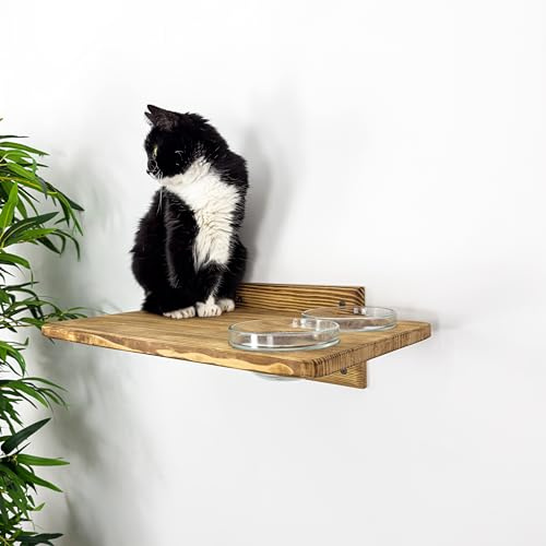 MOHO WOOD Feeder, Wall-Mounted Feeding Station, Wooden Shelves, Wall Cat Feeding Shelf for 2 Cat Food Bowls, Easy to Install, 19.2x12 (Natural)