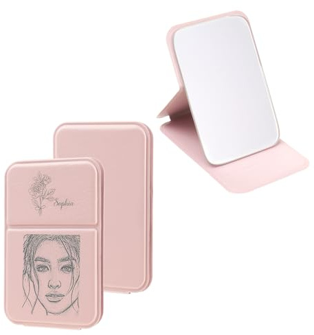 Grovjewfit Personalisierte Taschenspiegel Mit Name Foto: Klappspiegel Mit Geburtsblume PU Leader Kleinerer Spiegel Tragbar, Muttertag Weihnachten Als Geschenk Für Mutter Oma Freundin (Rosa)