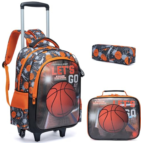 Egchescebo Kids Rolling Basketball Backpack for Boys Trolley Suitcases Luggage Travel with Wheels Bookbag Wheeled 3PCS Roller Backpacks Toddler Tote Bag Back Pack School Bags Set Elementary Red