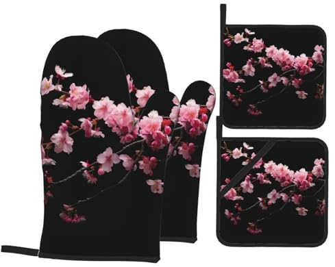 Oven Mitts and Pot Holders Set of 4 Imprimé Fleurs De Cerisier Japonais Ensemble De Cuisine avec Résistant À La Chaleur Baking Mittens, pour Griller, Décorations Cuisine, Cuisiner
