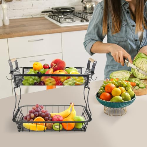 Panier de Rangement en Fil métallique Support de Fruits pour Pain collations,Corbeille à Fruits avec 2 cintres Bananes, Corbeille à Fruits et légumes pour comptoir de Cuisine, 37*22*33cm --Noir