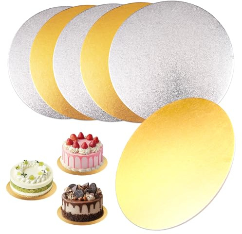 Lunza 6 Pezzi Sottotorta Tondo, 20 cm Vassoio Torta Rotondo in Cartone, Supporti per Torte, Spessore 2 mm, per Torte Decorazione Trasporto Espositore, per Decorazione di Torte Matrimoni (Argento&Oro)