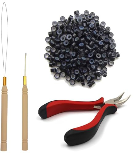 EIHI Extension capelli anelli per capelli extension microringlli, con 1 Pinza, 1 gancio, 1 uncino per anelli und 200 Pezzi Micro Anelli per Extension Set di Strumenti di Estensione dei Capelli (Nero)