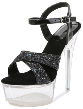 Sandales à Plateforme Transparente pour Femmes avec Talons Aiguilles de 14 cm - Talons Hauts pour Pole Dance et boîte de Nuit - Chaussures de fête de Mariage,Noir,40 EU