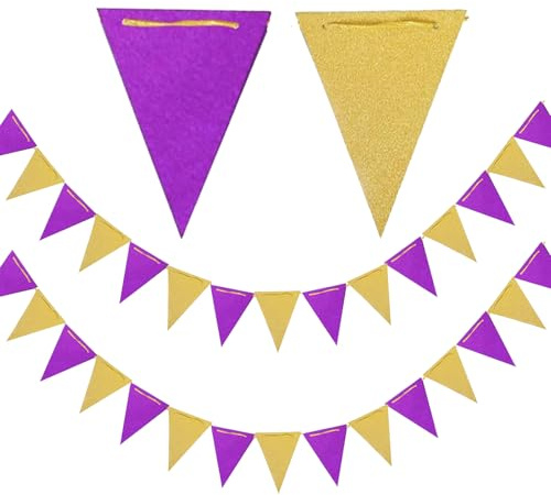 GAKA FAVOR Wimpelkette Girlande Lila und Gold, 10 Meter Wimpel Dreiecksflagge Papier Banner für Party Dekorationen(30 Flaggen)