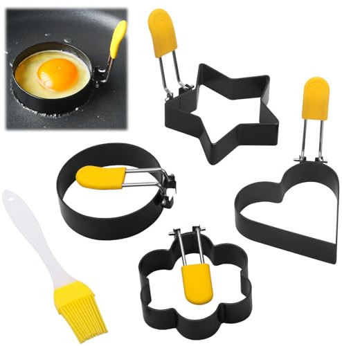 Euablfo 4 Piezas Anillos de Huevo, Antiadherente Anillos de Huevo Moldes Para Huevos Fritos, Con Mango + Cepillo De Silicona, para panqueques muffins de huevo Accesorios Cocina