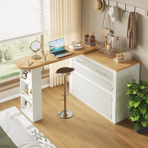 Crlnaup Utdragbart barbord med förvaringsutrymme (137–215 × 39 × 102,3 cm), modernt rörligt barbord, teleskopiskt barbord med en låda och två hyllor, högbord köksö bistrobord, vit