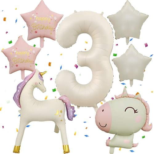 3. Geburtstag Luftballons Set Einhorn Folienballons Zahl 3 Ballon mit Stehendem Einhorn & Einhornkopf, Happy Birthday Sternenballons in Cremeweiß & Rosa, Kindergeburtstag Partydeko