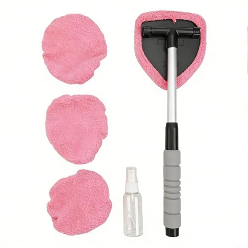 Lastdaytime Kit d'outils de nettoyage rétractable pour pare-brise de voiture avec tampon en microfibre, flacon pulvérisateur et chiffons de lavage pour vitres intérieures et extérieures (rose vif)