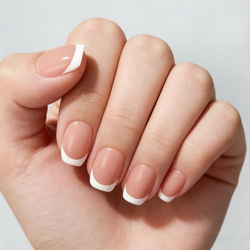30Pcs French Tip False Nails - Short Square Press On Nails - Pink Full Cover Fake Nails with Glue - Reusable, Durable Nail Art Accessories For Women