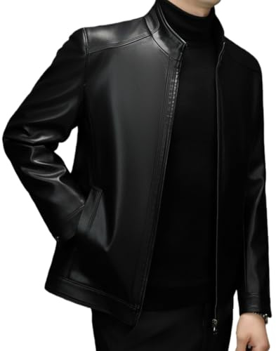 HESYSUAN Chaqueta de cuero para hombre, chaqueta bomber clásica, cuello alto, suave, al tacto, resistente al viento, con cremallera y forro polar, Negro, XL