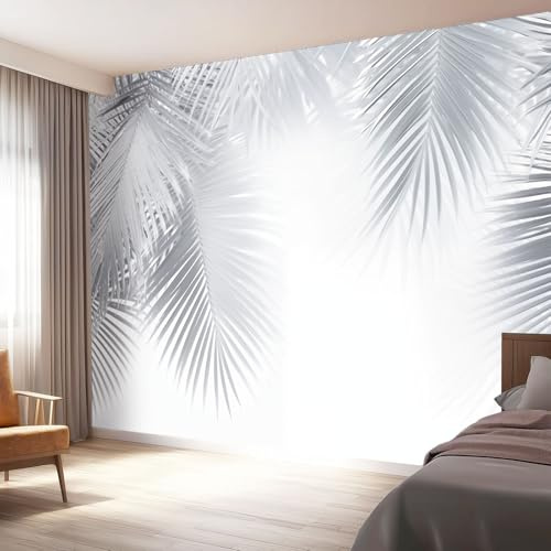 Générique Papier Peint Panoramique Feuilles De Palmier Argentées Et Oniriques,150 x 105 cm（WxH Revêtement Mural Décoration Pour Chambre Salon Blanc Mural Décoration et Moderne
