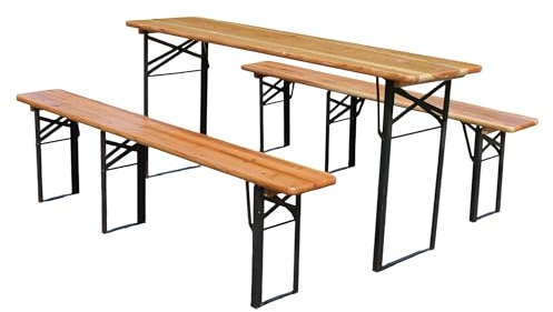 HaoChrymec Faltbare Bierzeltgarnitur 175 cm, 3-teilig, Klapptisch und 2 Bierbänke, Massivholz, Wetterfest, Platzsparend, Für Picknick, BBQ, Festzeltgarten, Weiß + Naturholz