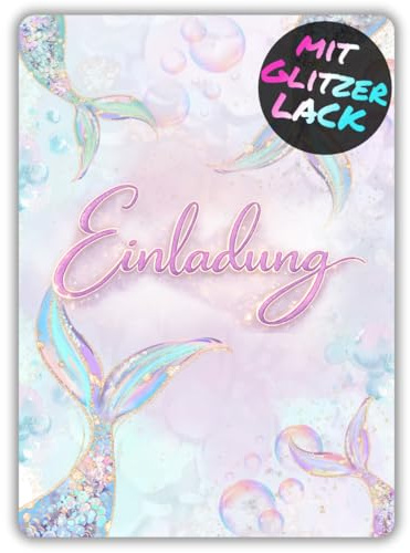 celebr8te 12x Meerjungfrau Glitzer Einladungskarten - Für den Kindergeburtstag von Mädchen - Nixen Geburtstags Partyeinladungen inkl. Messenger Bild & Urlaubsgutschein