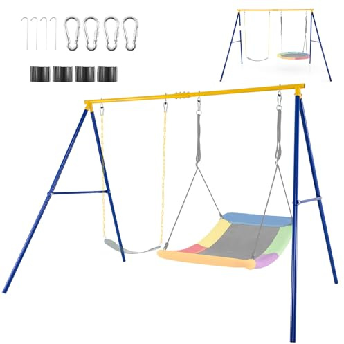 RELAX4LIFE Portique Balançoire Extérieur en Métal, Cadre de Balançoire Enfant en Forme A avec 4 Piquets de Terre, 4 Mousqueton, Deux sur la Balançoire Charge 300 KG pour Enfants 3 Ans+ (Jaune+Bleu)