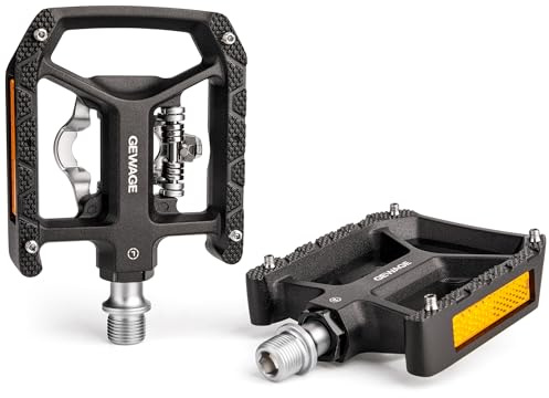 GEWAGE Pedali Bici 2-in-1 SPD/Piattaforma – Corpo in Alluminio CNC, Tensione di Sgancio Regolabile, Asse Chromoly, Pin Antiscivolo, Include 2 Tacchette SH51, per MTB, Trekking e Bikepacking