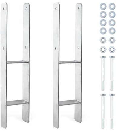 XPOtool Supports de poteaux galvanisés à chaud 101 x 600 mm, 2 pièces, ancrage en H en acier au carbone, ancrage de poteau avec trous de perçage M10 x 130, sabot de poteau avec 2 entretoises
