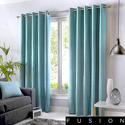 Fusion Sorbonne Duck Egg Blue Eyelet Curtains – W46 x L72 (117x183cm) – 2 Lined Panels – 100% Cotton – Thermal Drapes – Door/Bedroom Curtains – Ready Made – Soft Pastel Window Treatment