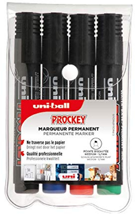 Uni-Ball 159004 - Pennarello Uni Prockey, punta a cuneo, 3 - 6 mm, set da 4