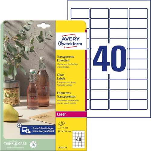 AVERY Zweckform L7781-25 transparente Etiketten (1.000 Klebeetiketten, 45,7x25,4mm auf A4, selbstklebend, Aufkleber zum Bedrucken, wetterfest, Beschriftungen/Produktaufkleber) 25 Blatt, durchsichtig