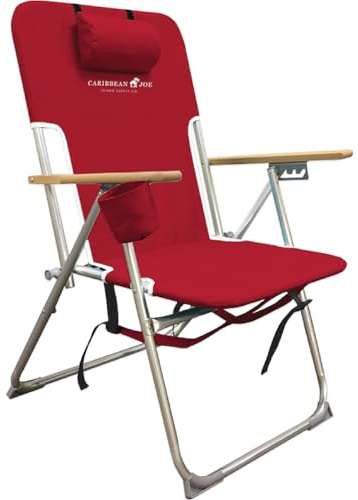 CARIBBEAN JOE 300lb Capacity Folding Beach Sand Chair, 4 Position Reclining, High Seat, Portable Backpack Carry Straps, Camping, Headrest, Cup Holder, Wooden Armrests, Red