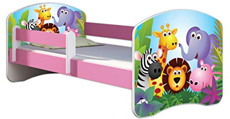 Kinderbett Jugendbett mit einer Schublade und Matratze Rausfallschutz Rosa 70 x 140 80 x 160 80 x 180 ACMA II (01 Zoo, 80 x 160 cm)