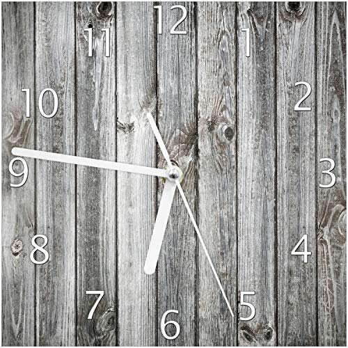 Wallario Design-Wanduhr Holz-Optik Textur hellgraues Holz Paneele Dielen mit Asteinschlüssen aus Glas, Motiv-Uhr Größe 20 x 20 cm, weiße Zeiger