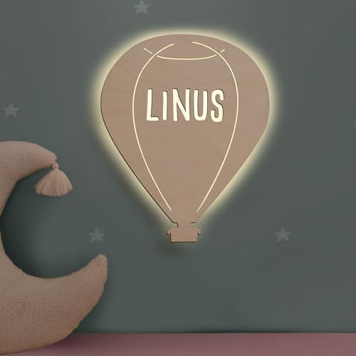 hellomini Personalisierbares LED-Nachtlicht mit Name für Kinder & Babys | Holz-Wandlampe | Schlummerlicht mit Motivwahl – Geschenk zur Geburt & Taufe (Bruno der Ballon)
